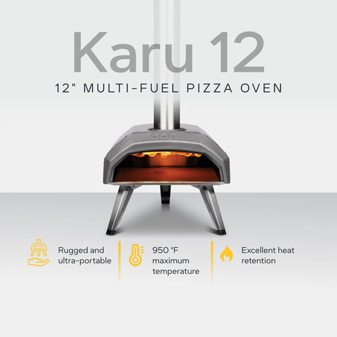 Pizza inside the Karu 12 oven with stone base for authentic crust.
