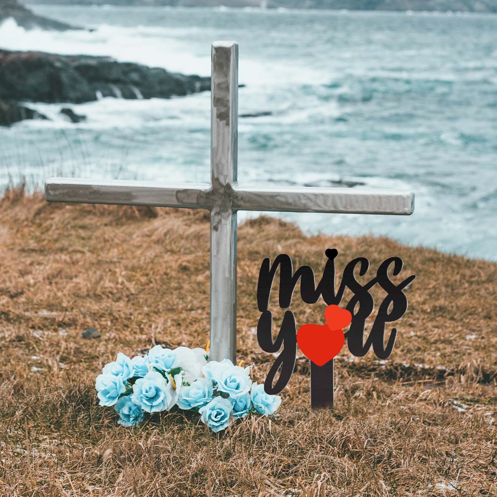 Oooct love-pattern metal marker highlights remembrance and care.