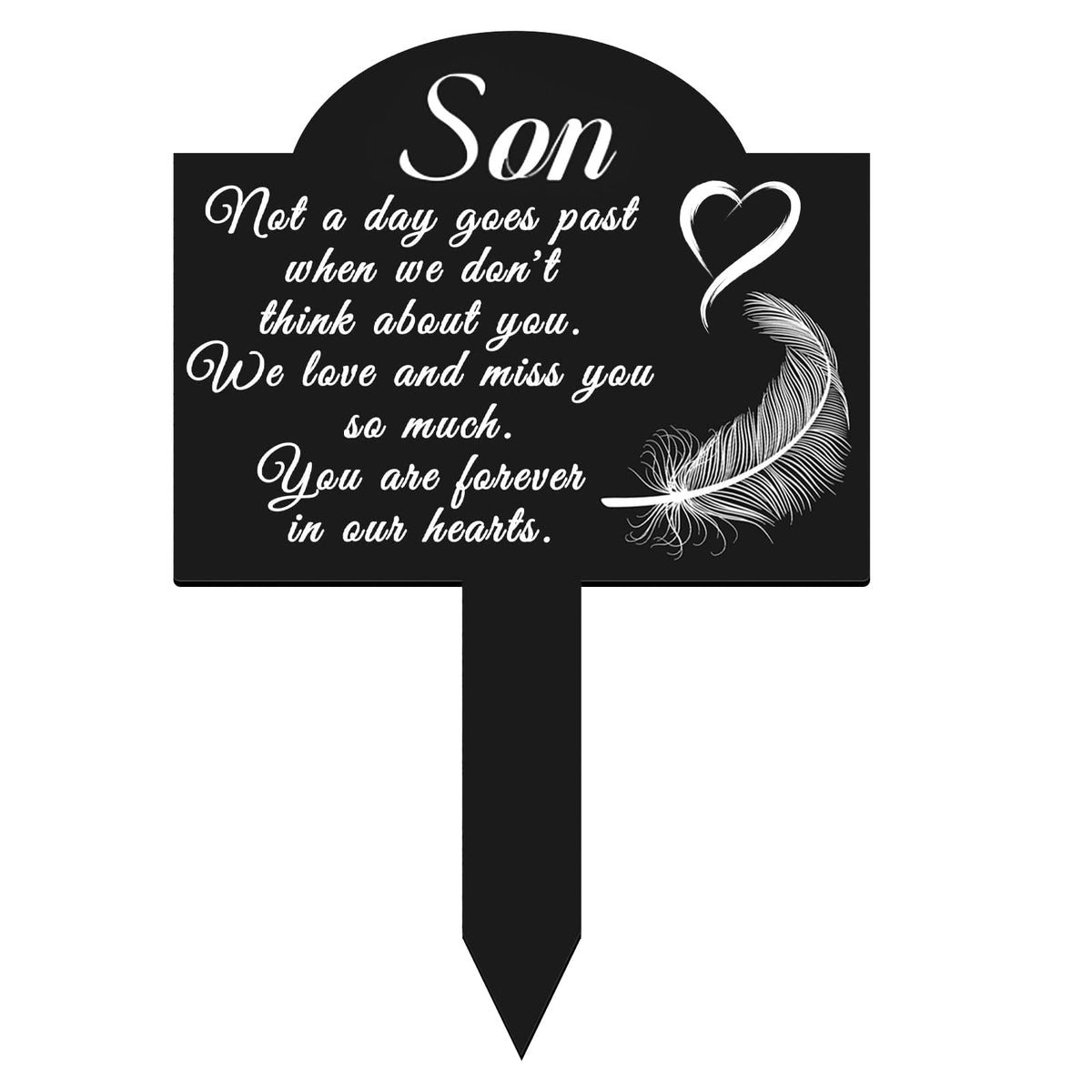 OOOCT memorial grave stake with heart and feather plaque outdoors for remembrance