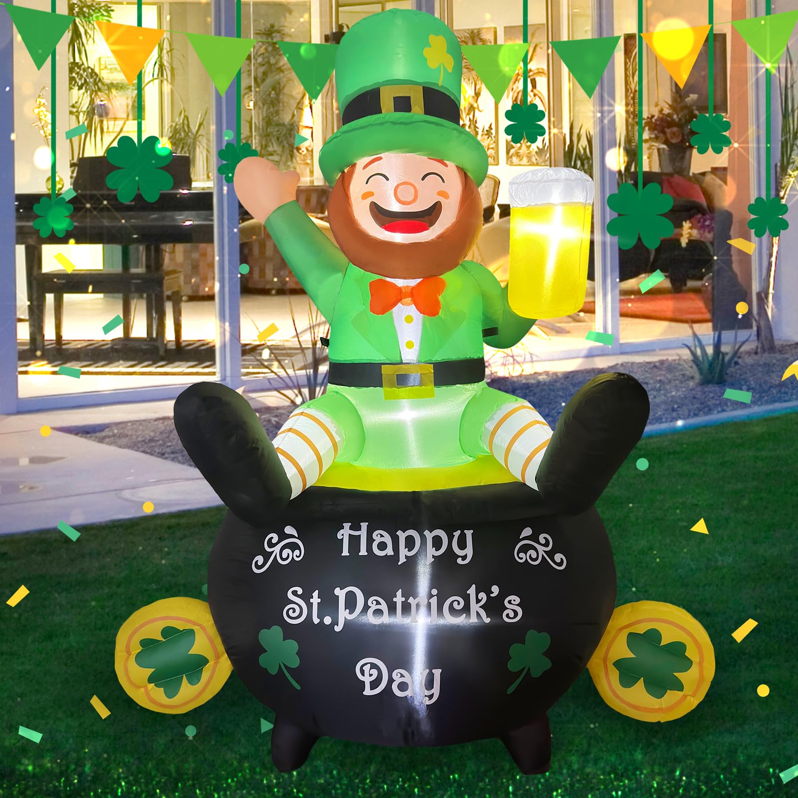 Opemon 6ft St Patrick's Day inflatable leprechaun for outdoor lawn display, eye-catching decor