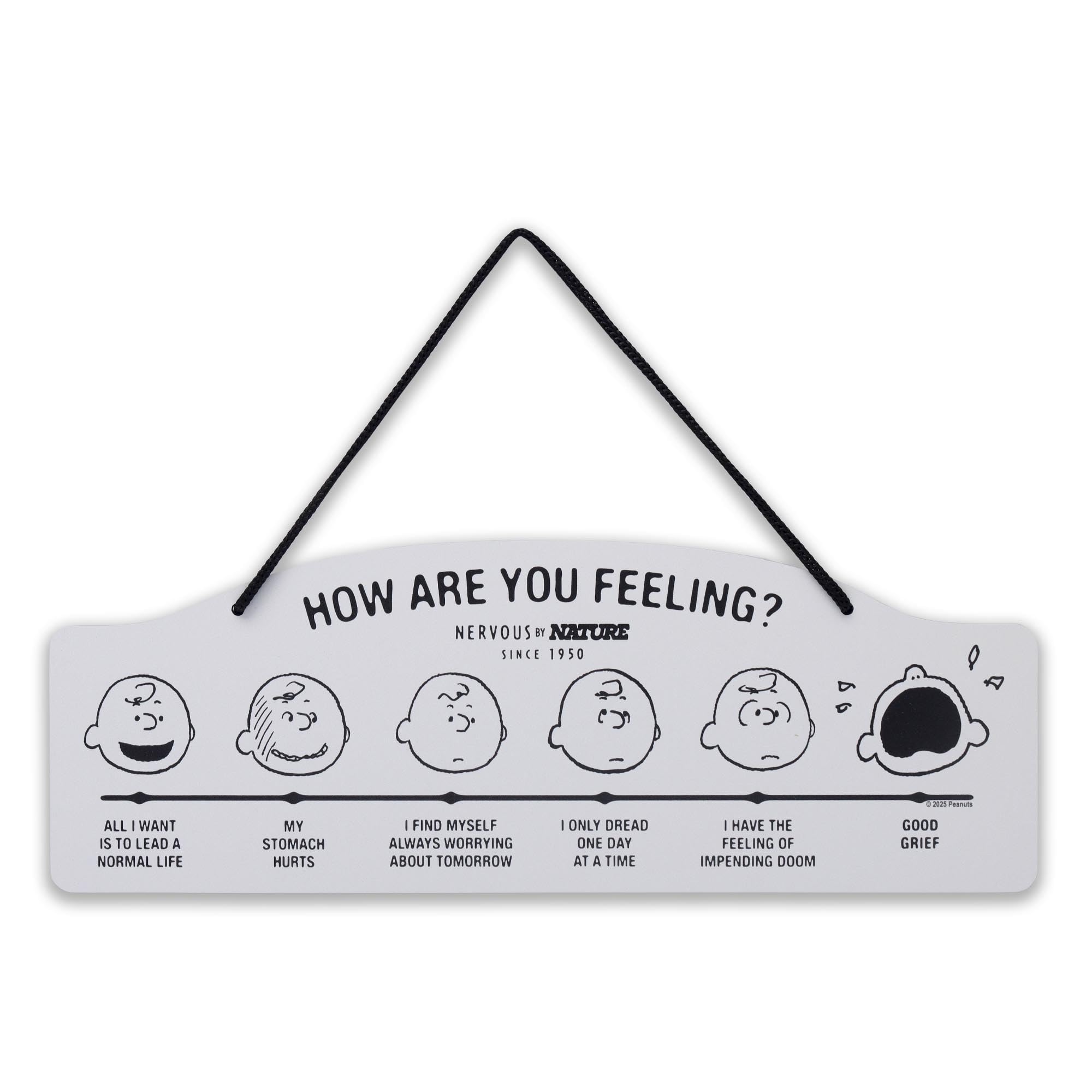 Open Road Brands Peanuts How Are You Feeling sign front view for nostalgic wall décor