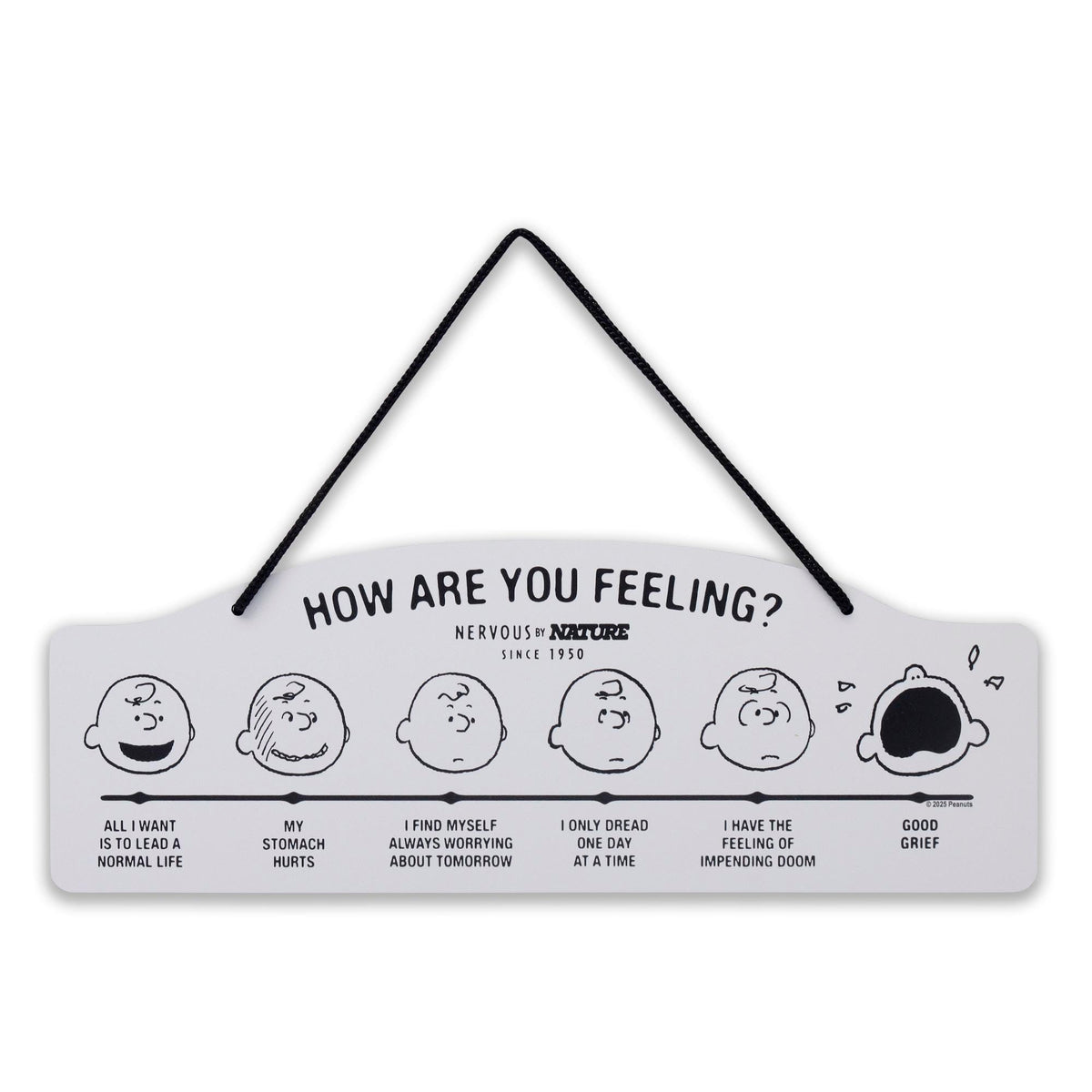 Open Road Brands Peanuts How Are You Feeling sign front view for nostalgic wall décor