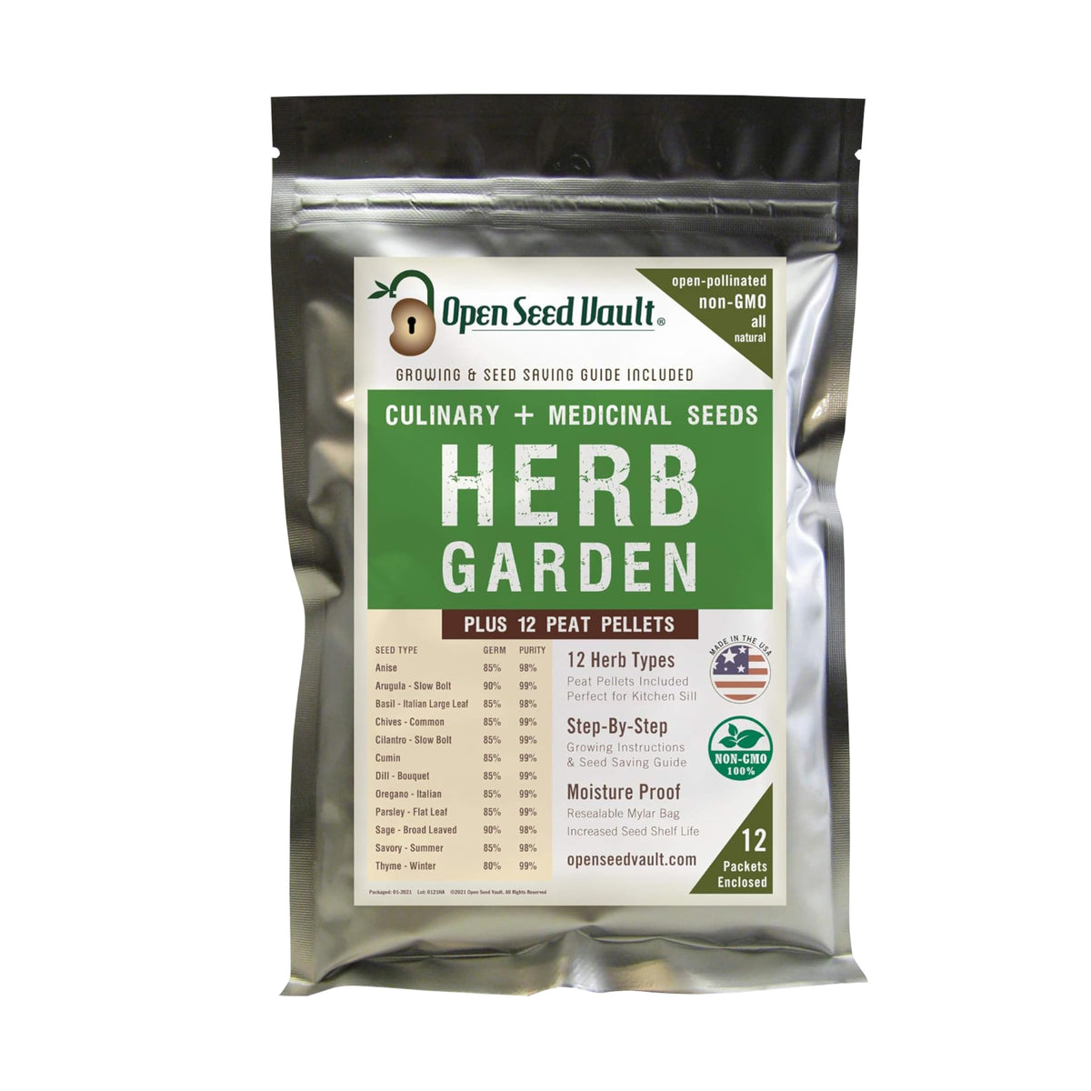 Open Seed Vault 12-variety herb seeds pack ready for home herb garden and fresh harvests.