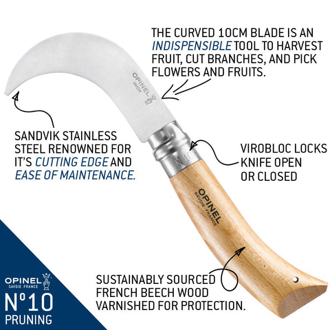 Opinel No. 10 pruning knife stainless steel blade resists corrosion for outdoor use