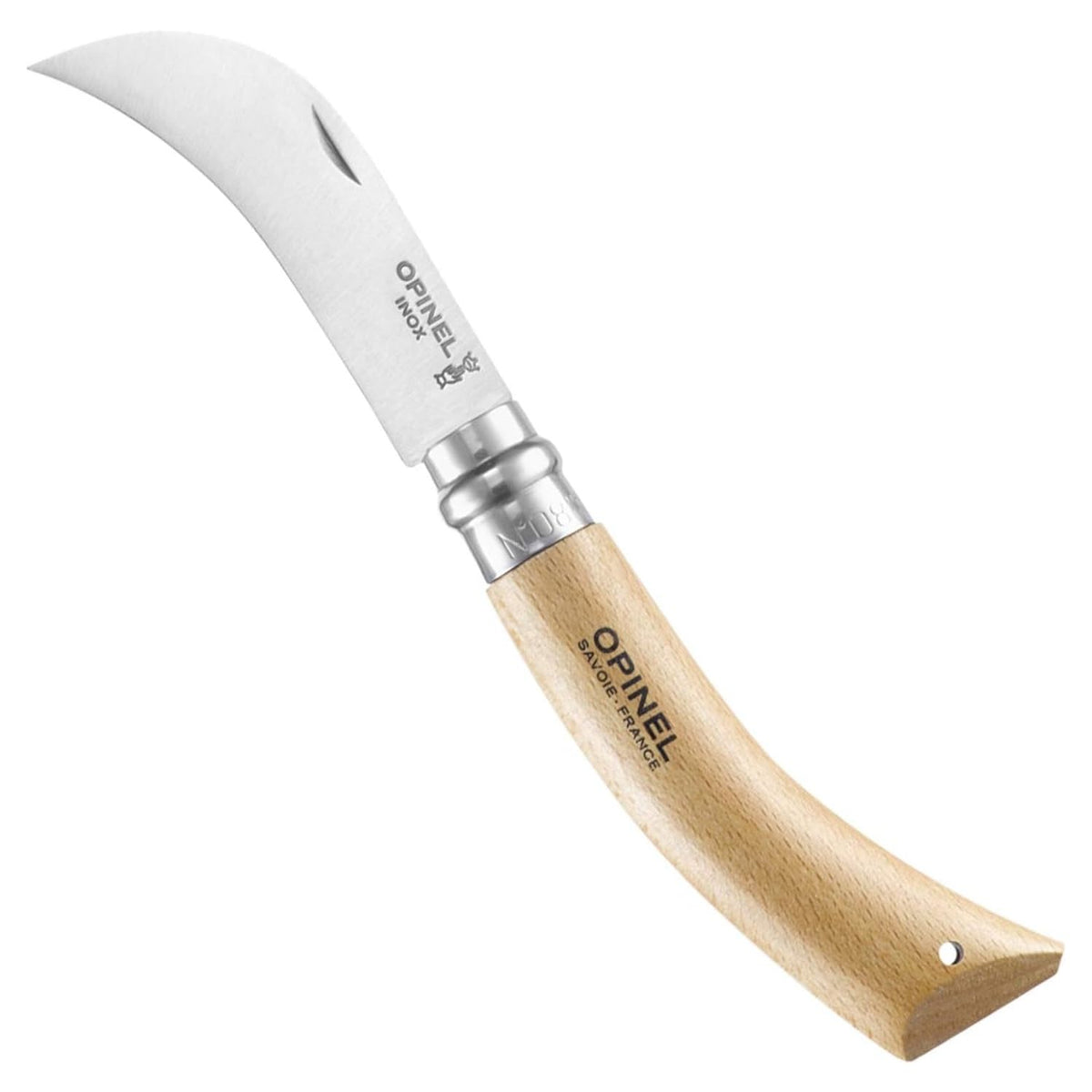 Opinel No.8 pruning knife blade close-up showing precise grafting edge