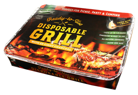 Oppenheimer USA grill with charcoal and stand for easy setup.