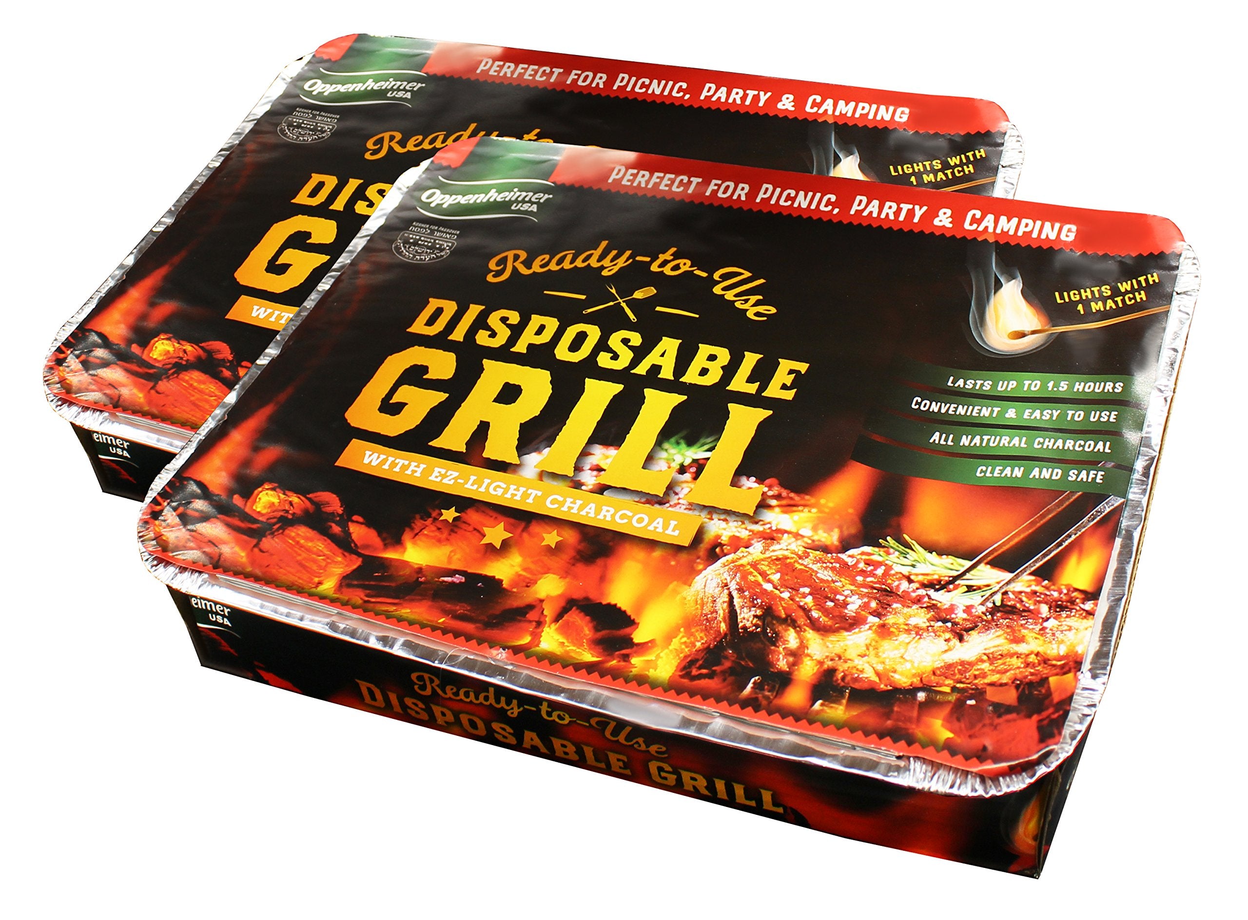 Oppenheimer USA disposable grill pack of 2, ready to use for quick outdoor meals.