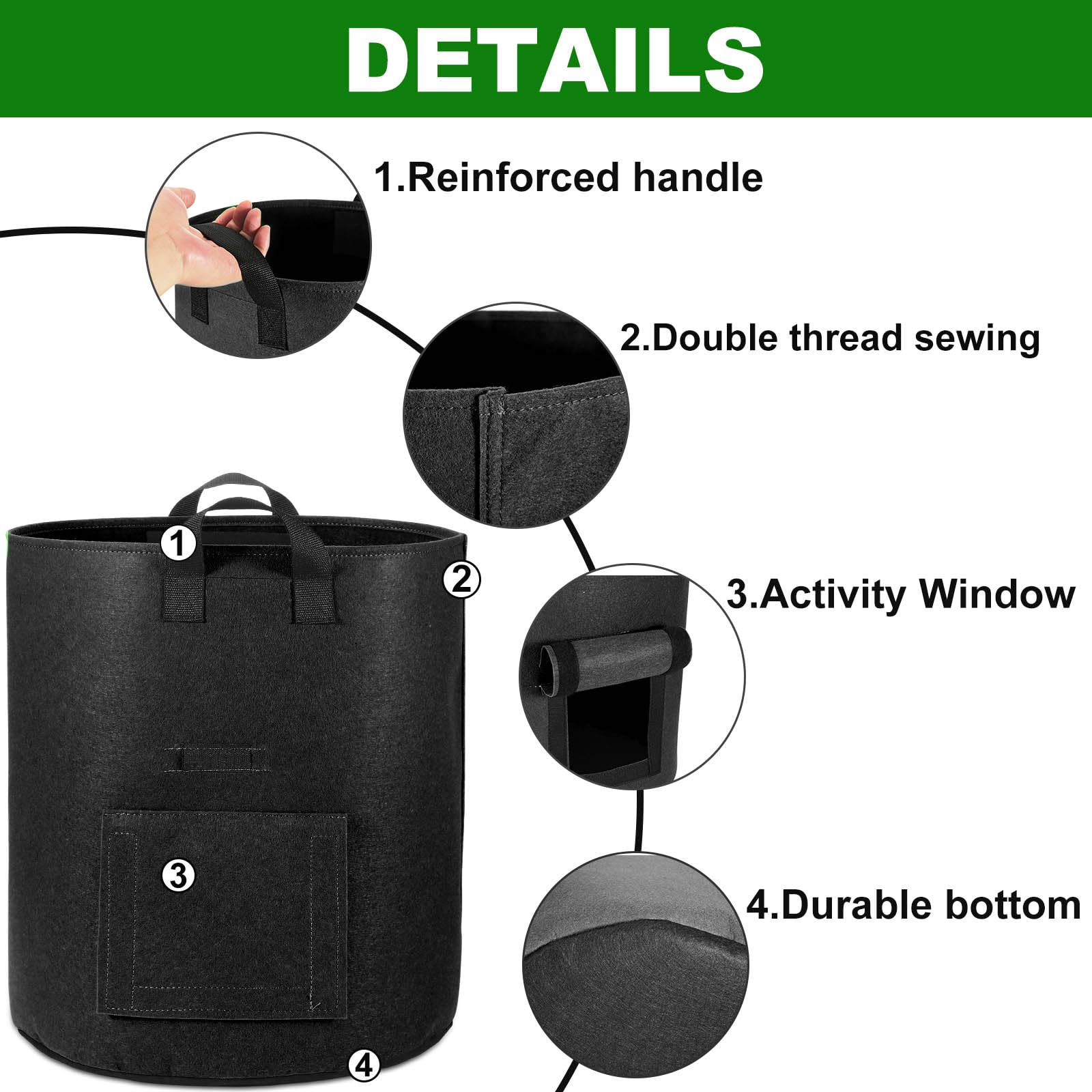 OPPOLIFE 10-gallon pot-size bag 14in diameter and 18in tall for root growth.