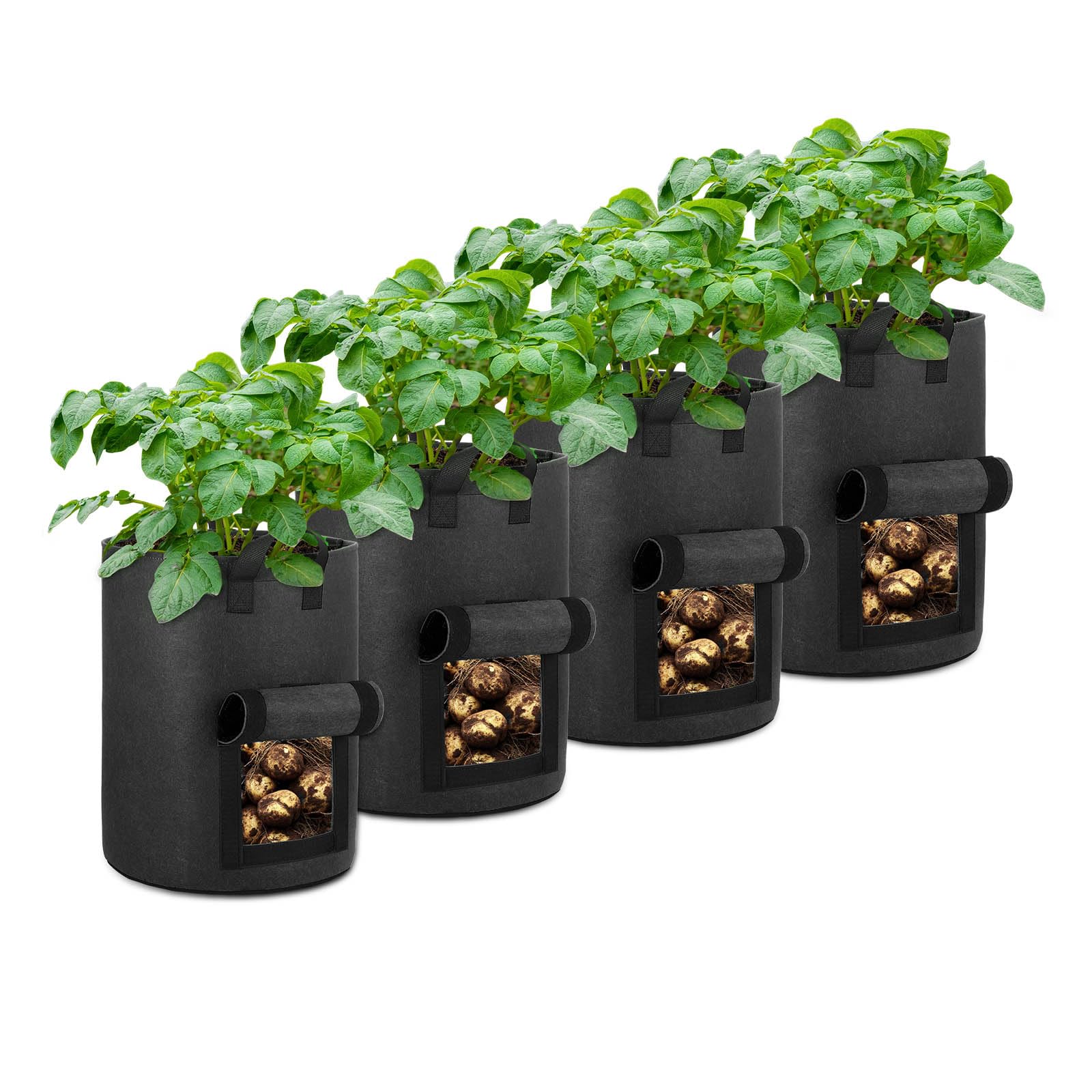 OPPOLIFE 4-pack 10-gallon potato grow bags with flap window for harvest visibility.