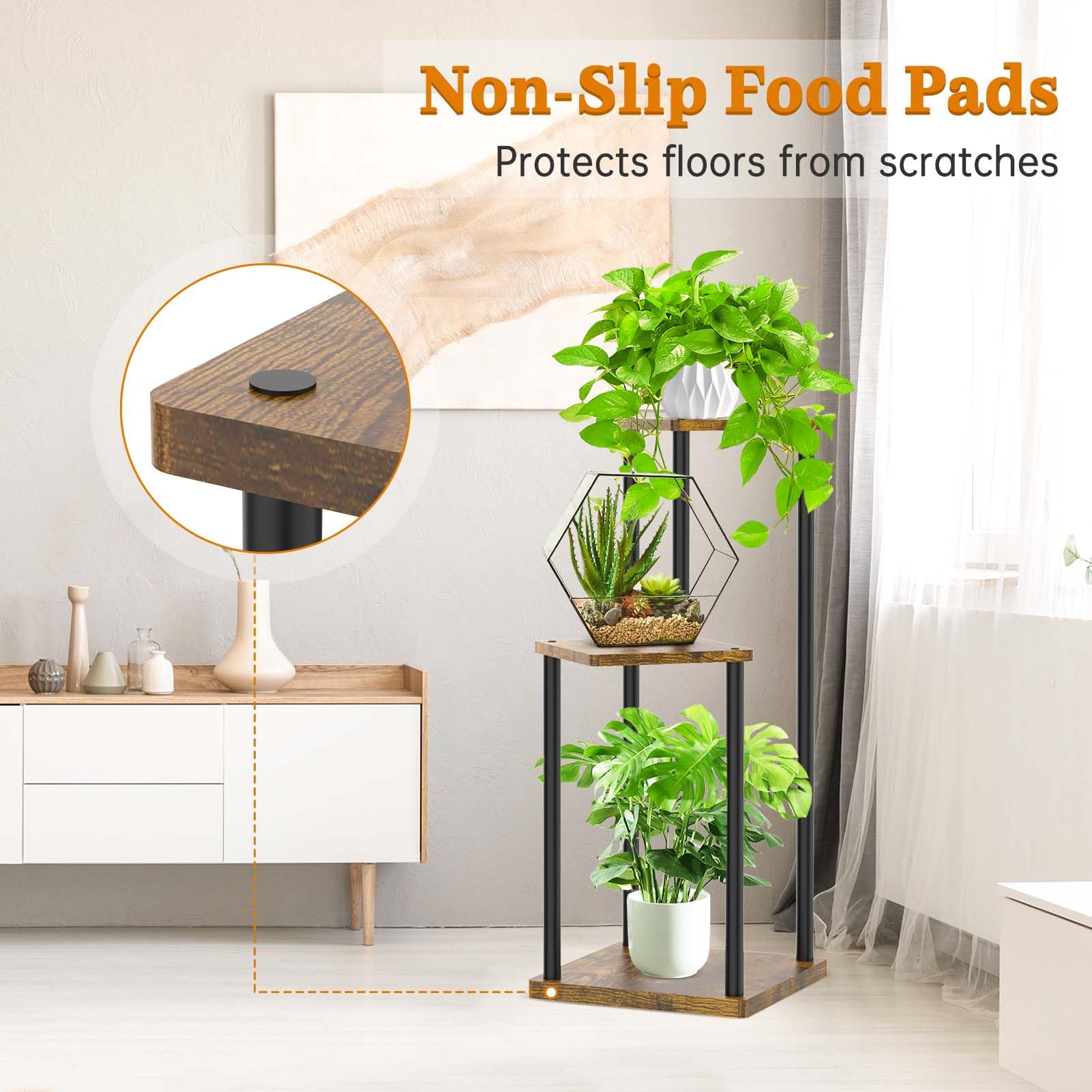 Oppro 3-tier corner plant stand assembly guide illustrating quick setup and included wrench