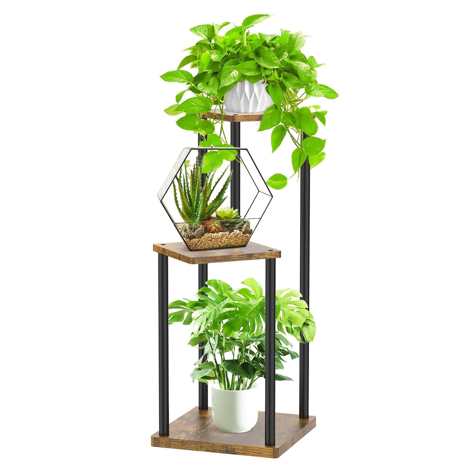 Oppro 3-tier corner plant stand with black wood finish for compact living room displays