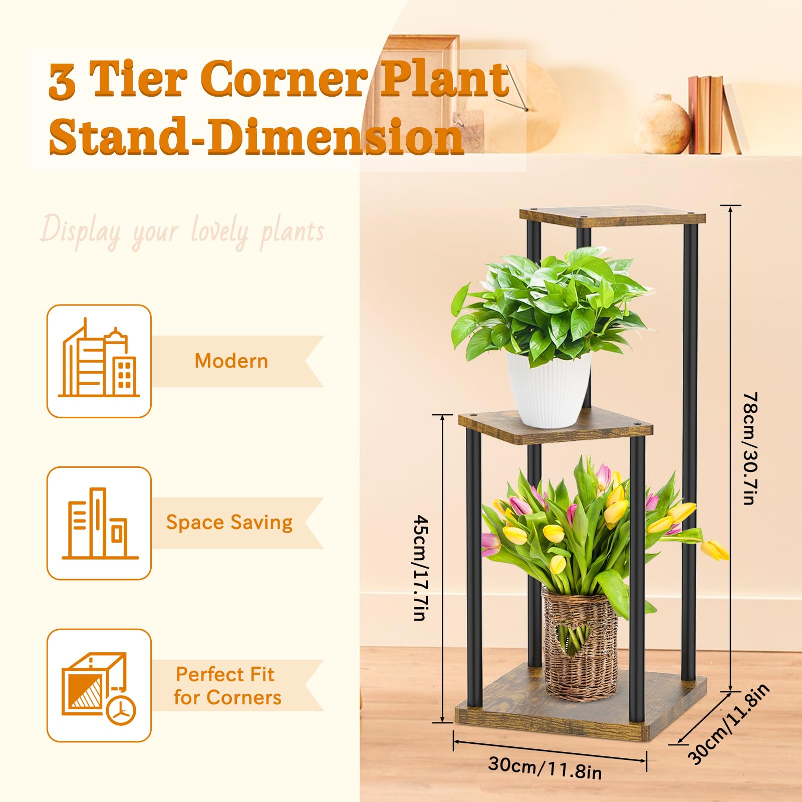 Oppro black-wood corner stand side view showing sturdy metal frame and multi-level layout