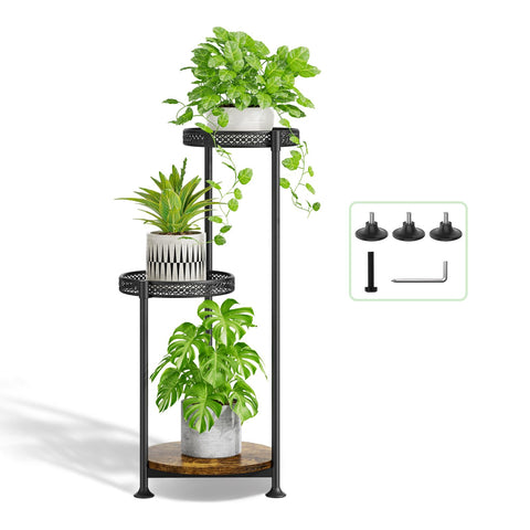 Oppro 3-tier plant stand in black fits a corner for compact indoor display, saving space.
