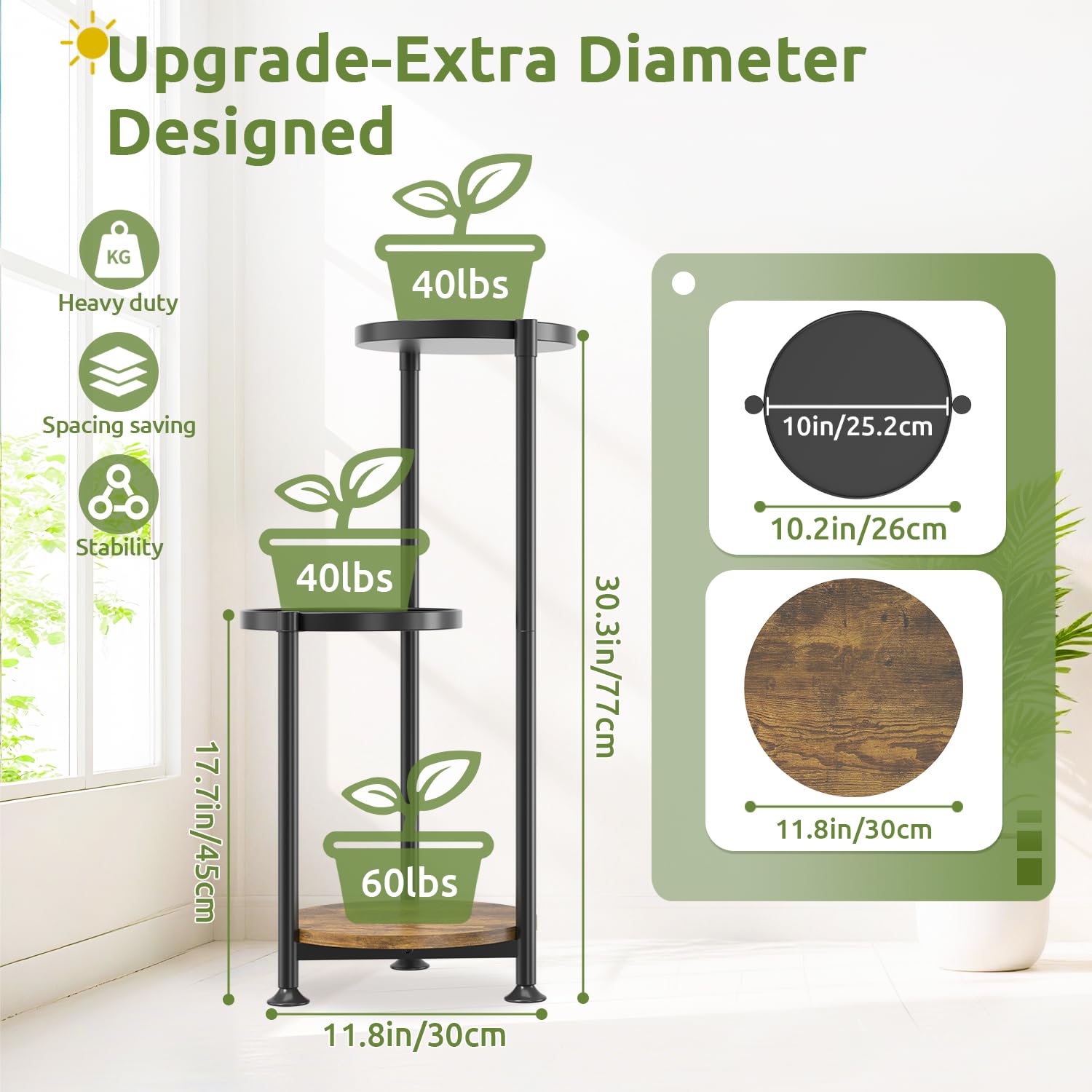 Oppro 3-tier plant stand side view highlights sturdy construction for heavy pots.