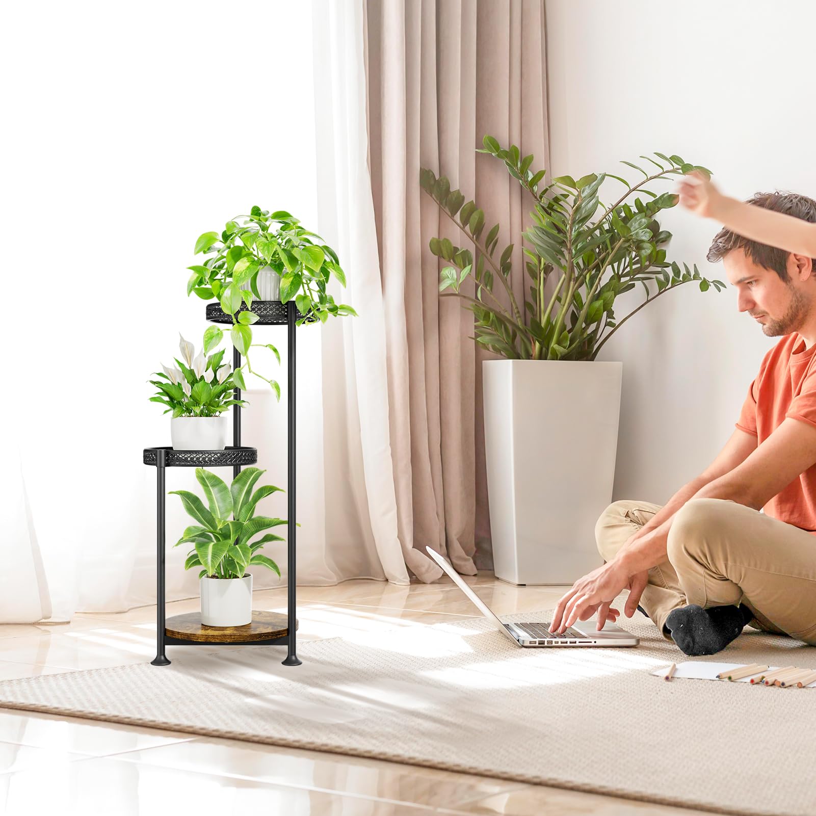 Oppro corner-friendly display shelf blends with black metal and wood.