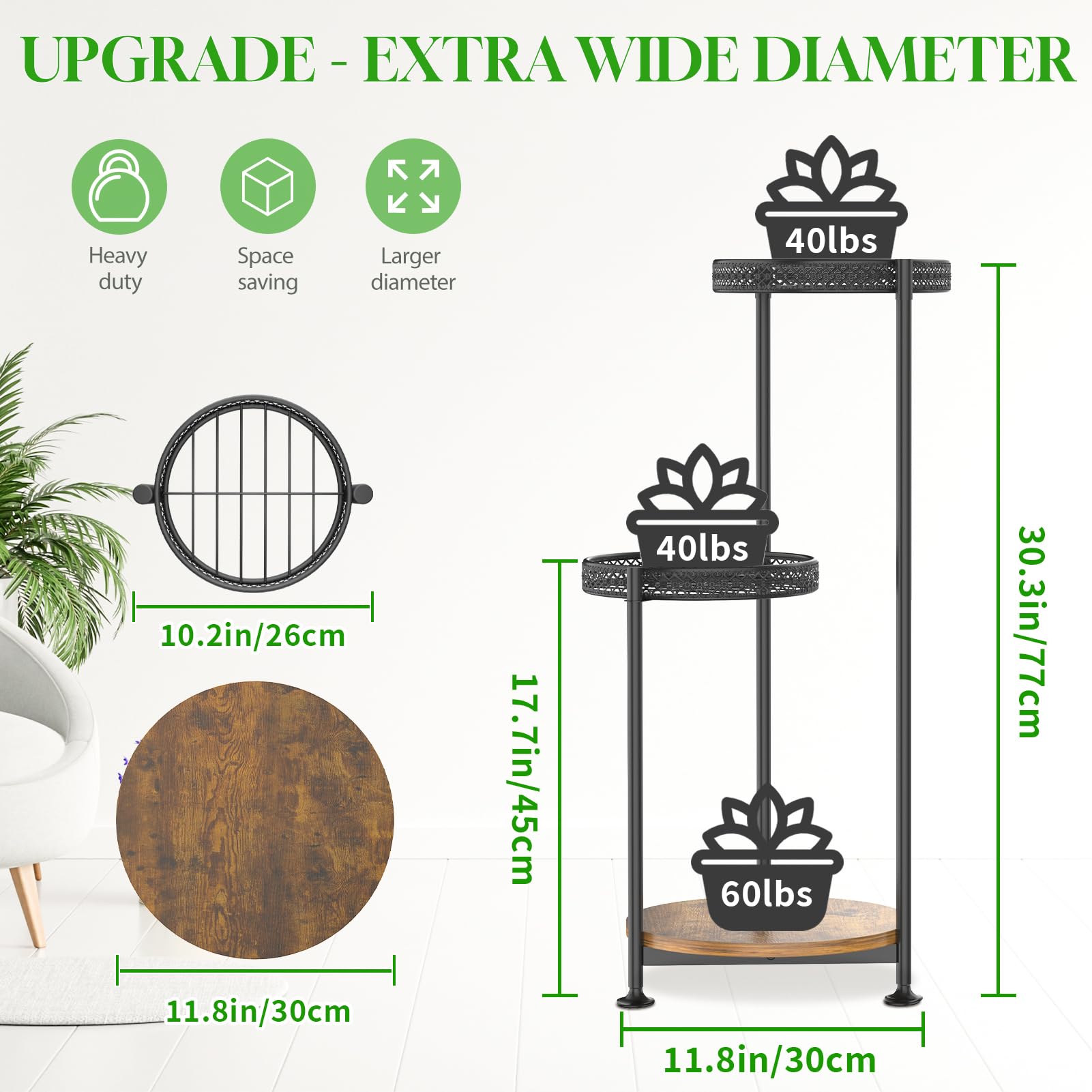 Oppro metal-wood combo stand with 12-inch shelf for versatile plant displays.
