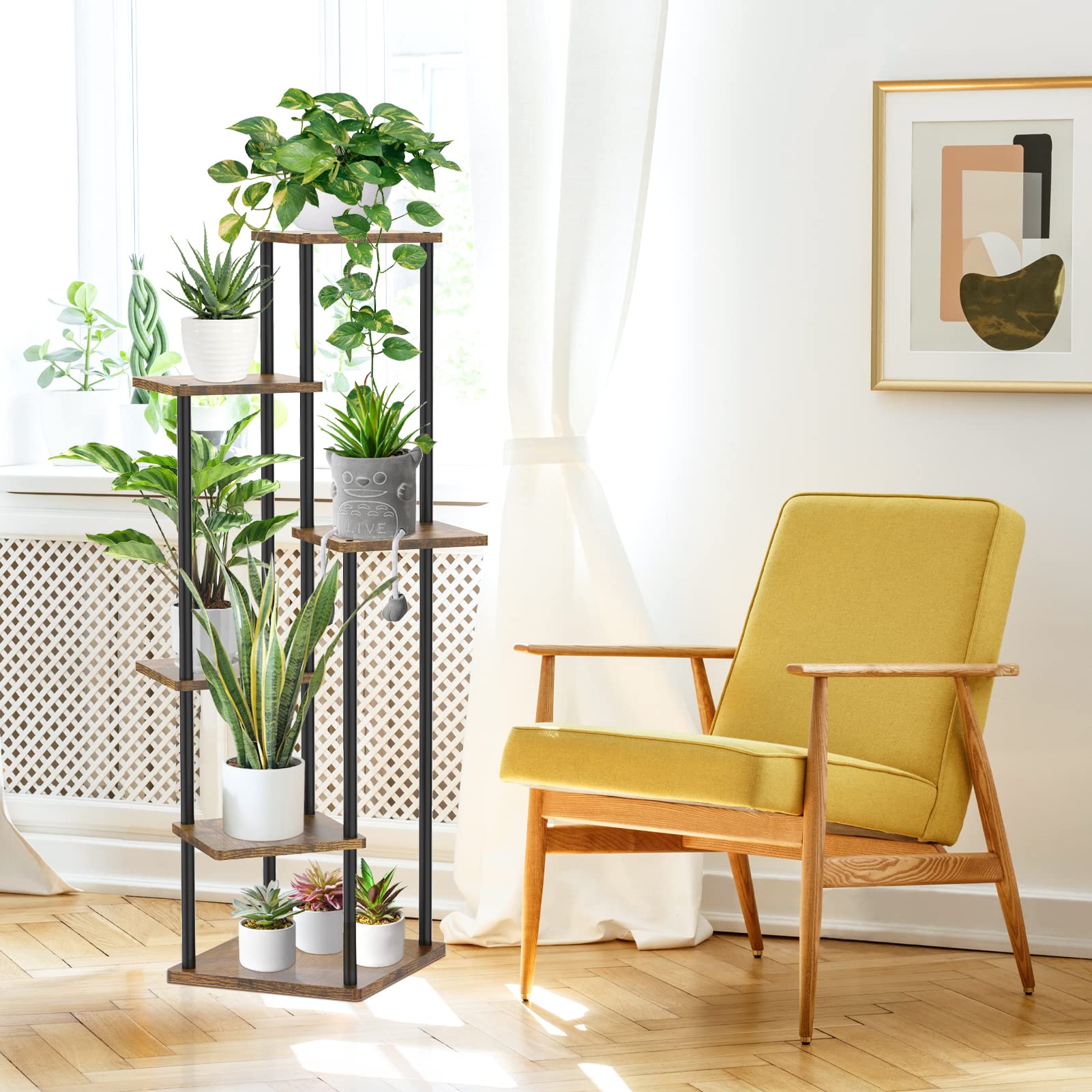 Oppro natural wood grain shelves blend with decor and showcase plants.
