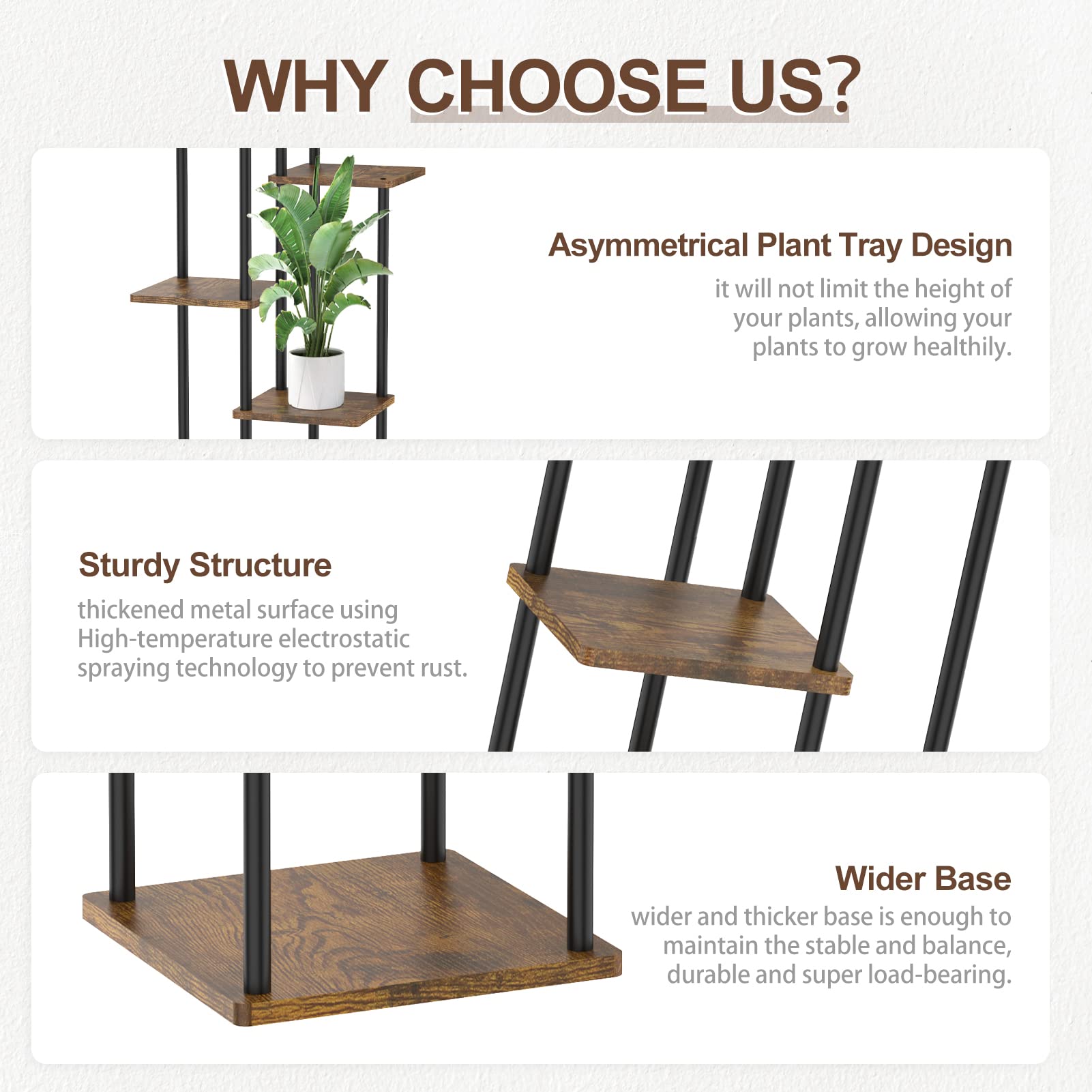Oppro rustic black tall plant stand for indoors or outdoors, space-saving.