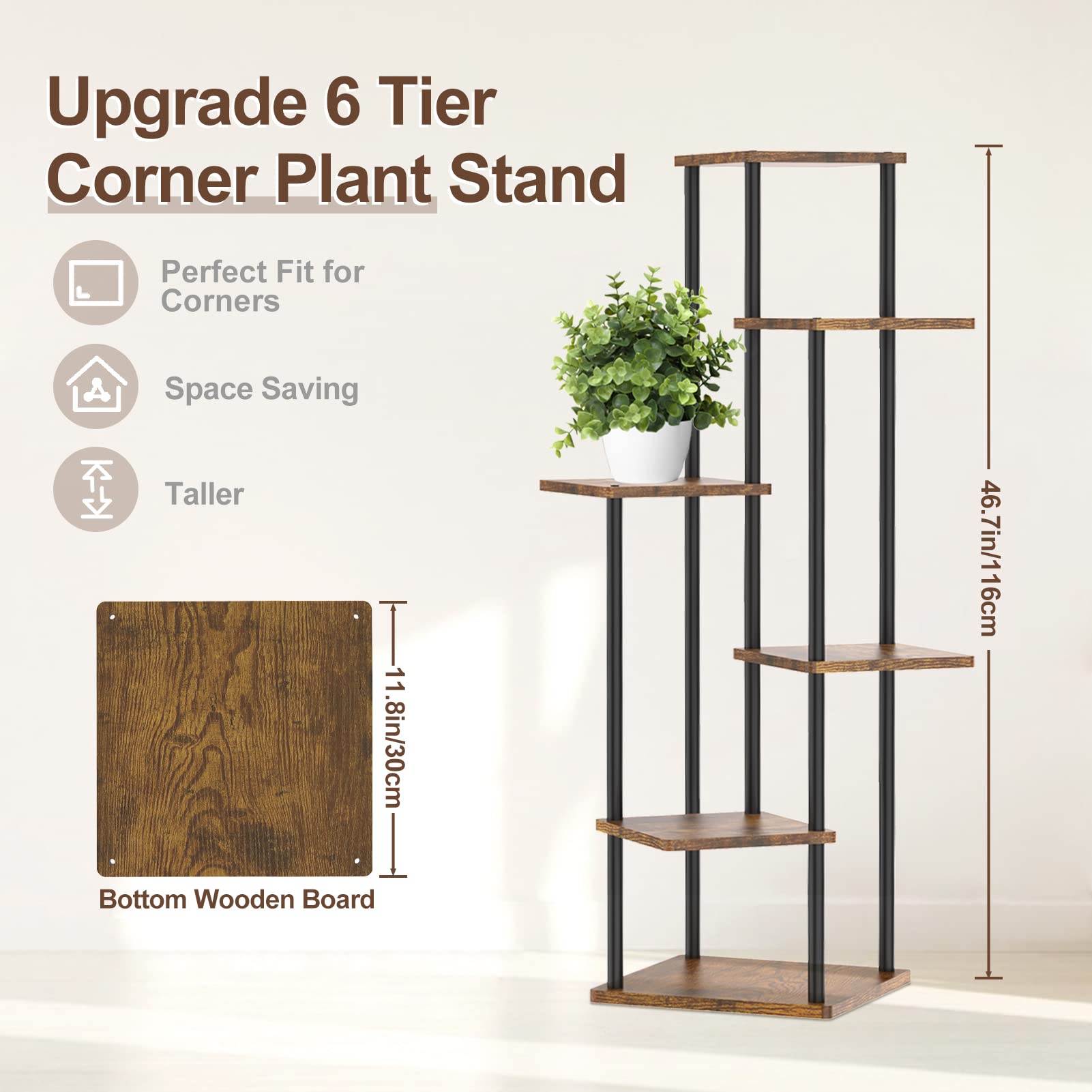 Oppro wood-metal shelf corner display fits a compact corner with style.
