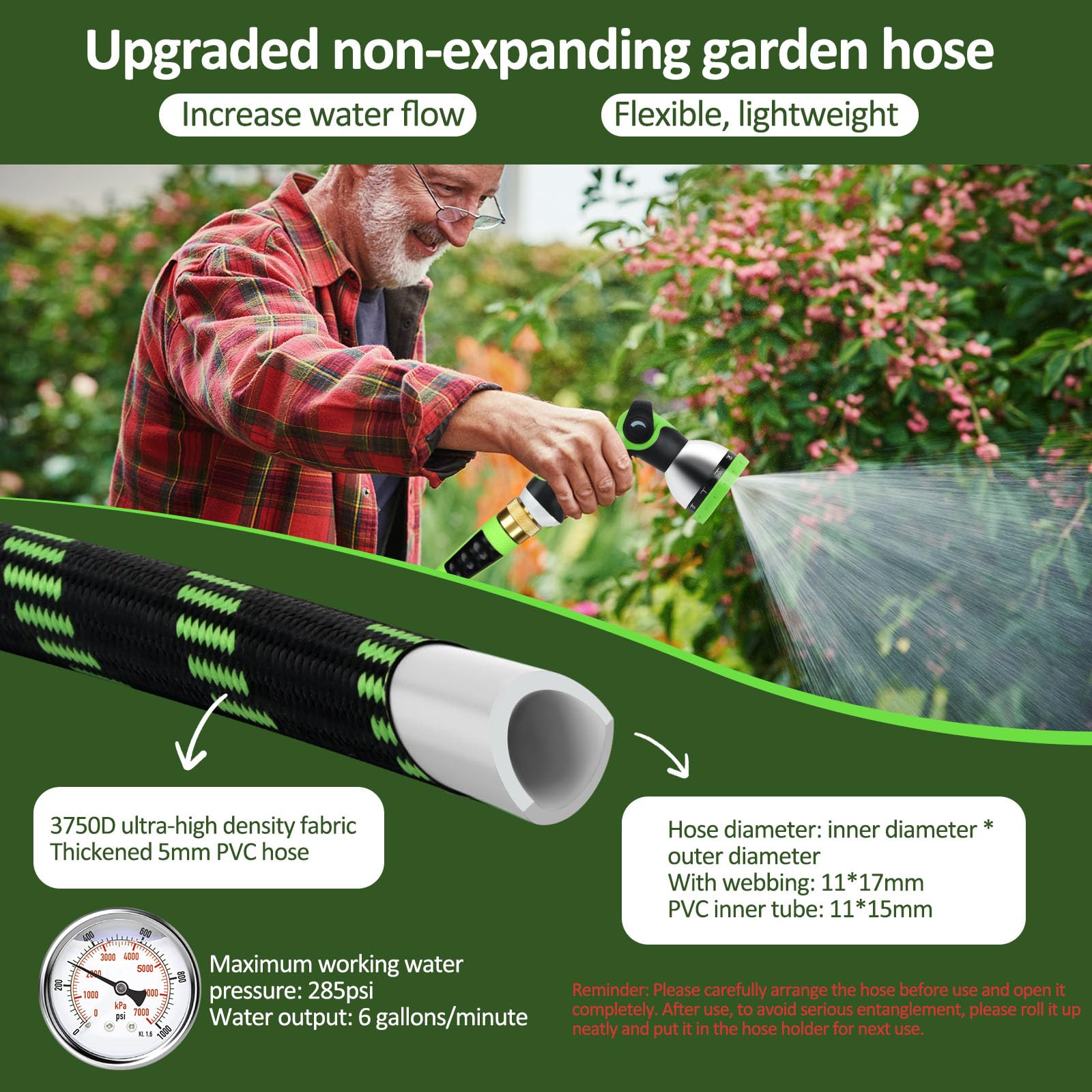 Oppsiue extended rubber coated handle protects connections during yard tasks.
