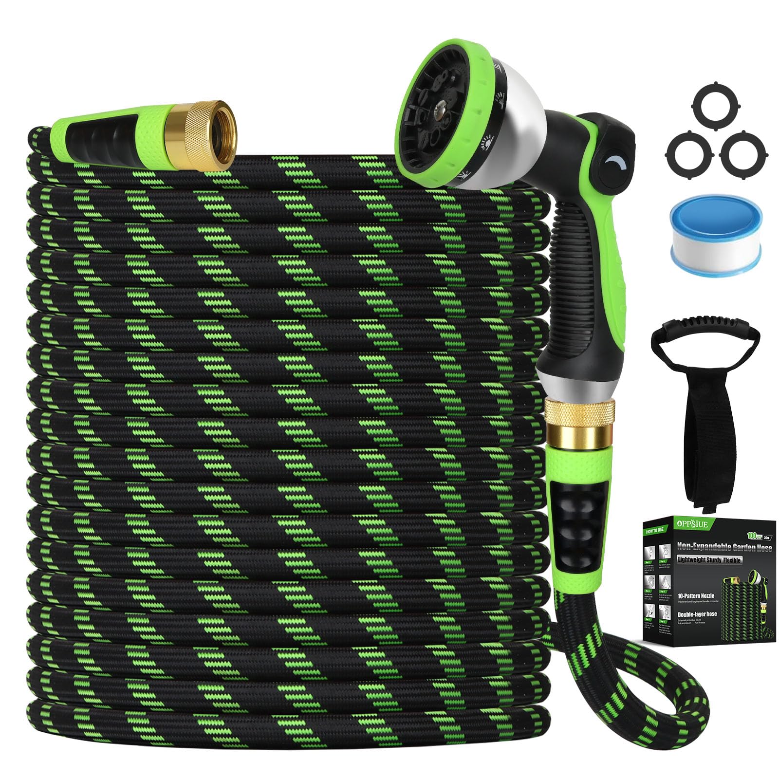 Oppsiue 100ft non expanding garden hose for steady outdoor watering.