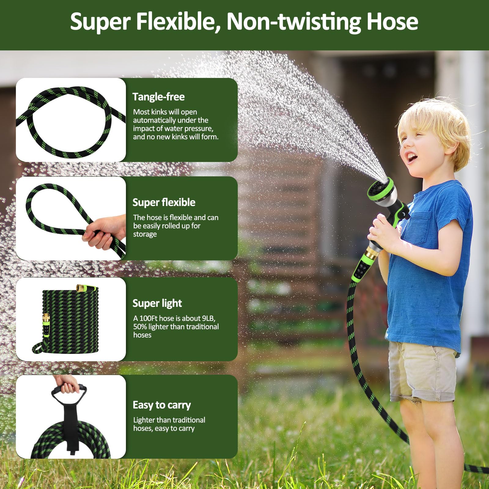 Oppsiue kink free design helps avoid tangles around garden obstacles.