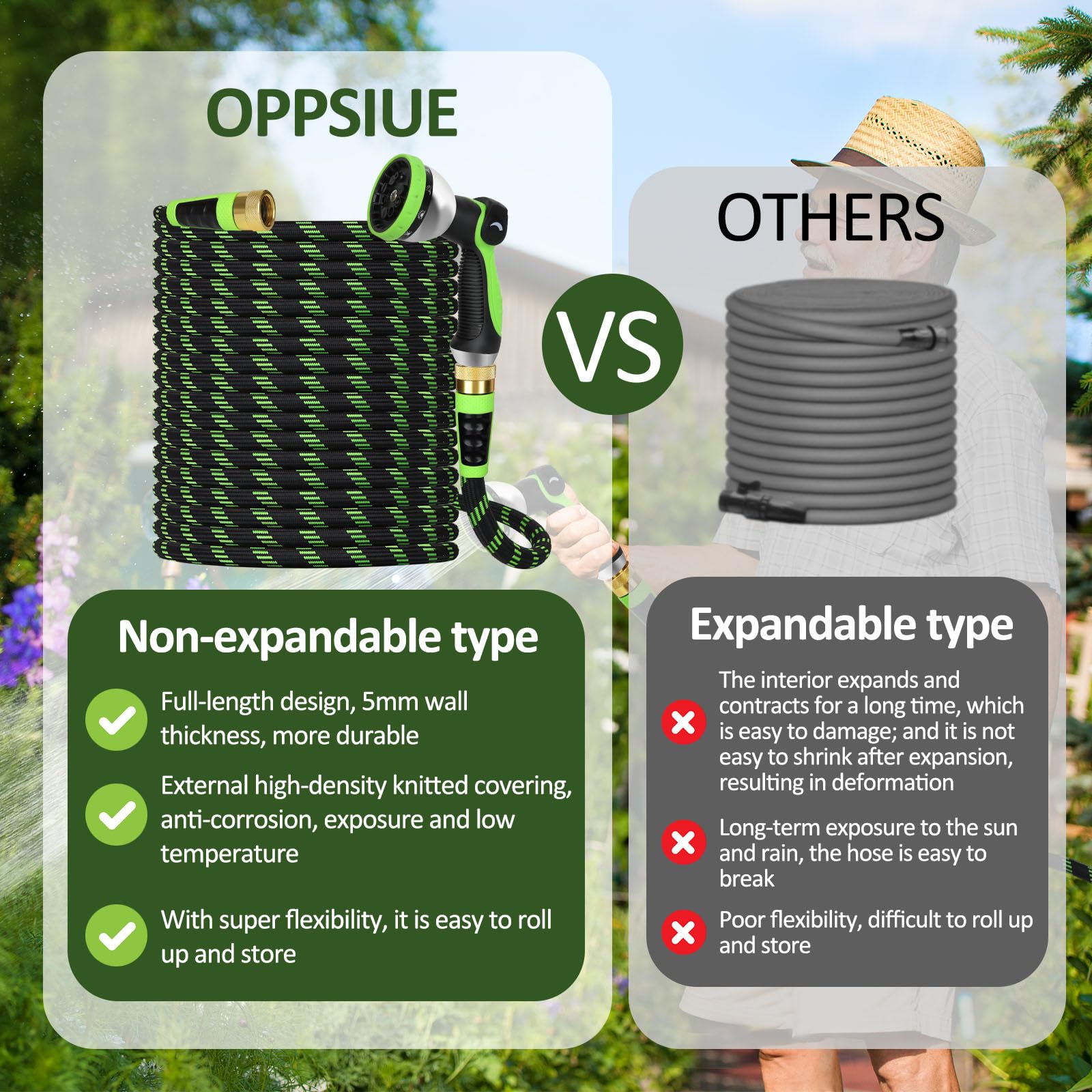 Oppsiue leak proof water hose minimizes leaks during use.