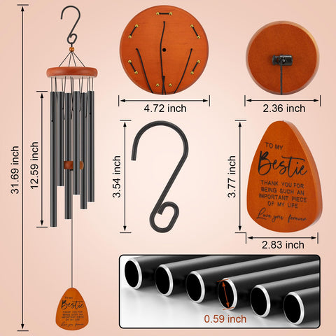 Oprever wind chime uses black aluminum tubes with wooden pendants.
