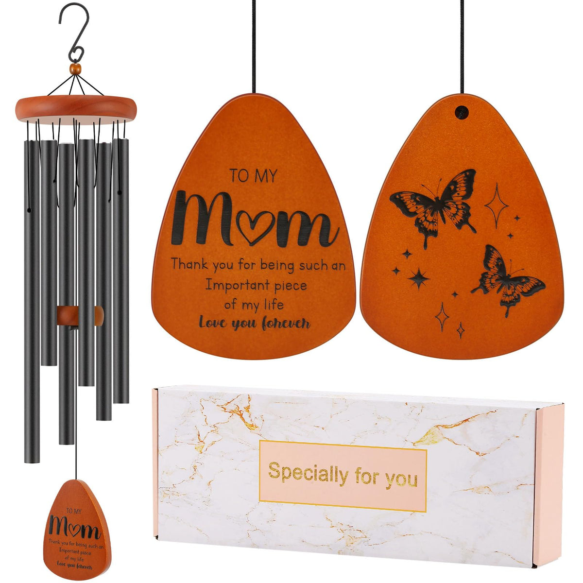 Oprever wind chime with butterfly design enhances garden serenity.