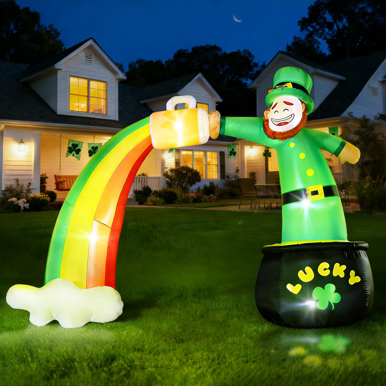 Optiacan 9ft St Patrick's Day inflatable rainbow arch for outdoor display.
