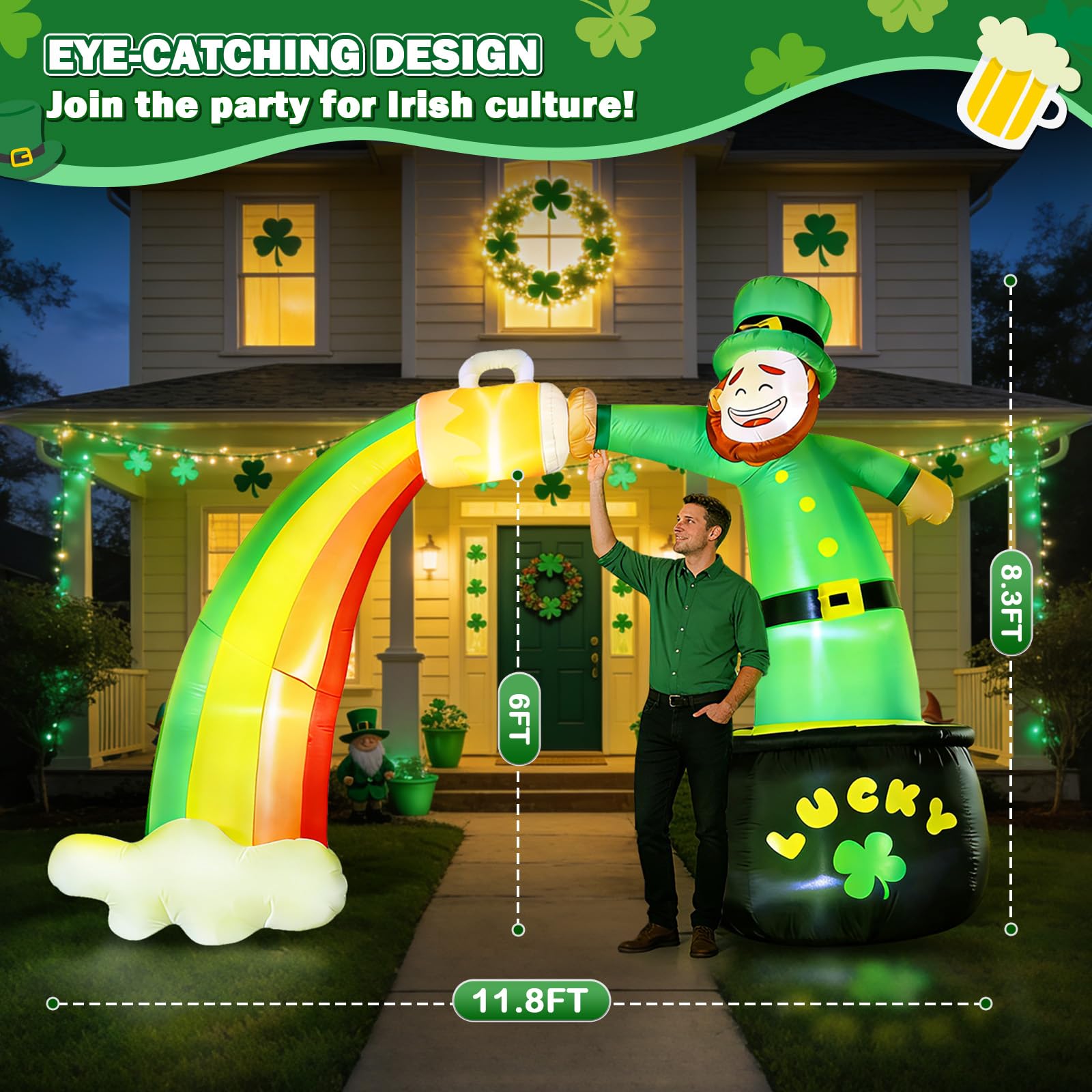 Optiacan standing leprechaun figure adds festive whimsy to front yard decor.