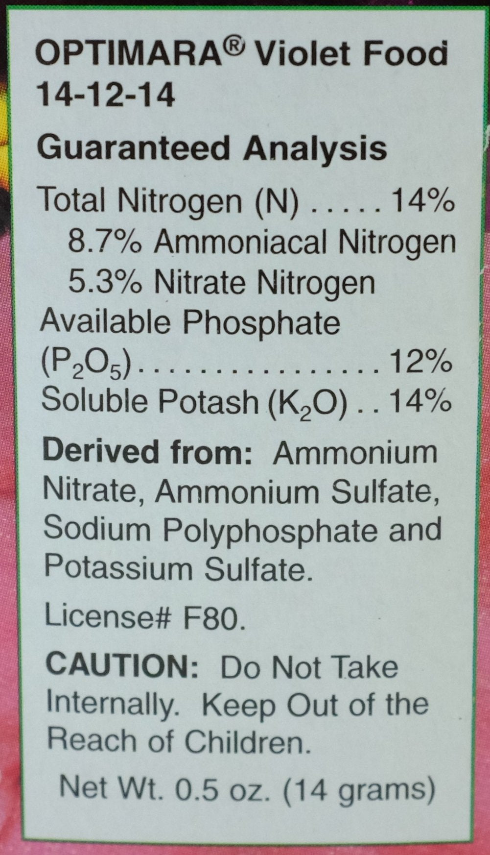 Optiflora Violet Food packets used during greenhouse applications.