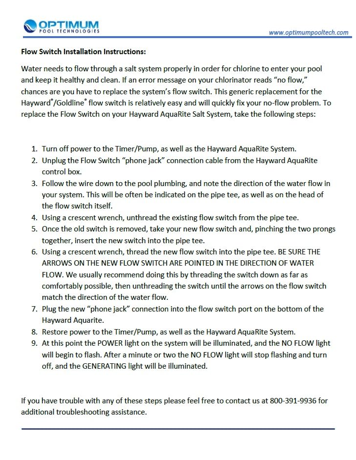Optimum Flow Switch Assembly Kit installation note with setup guidance.