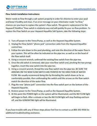 Optimum Flow Switch Assembly Kit installation note with setup guidance.