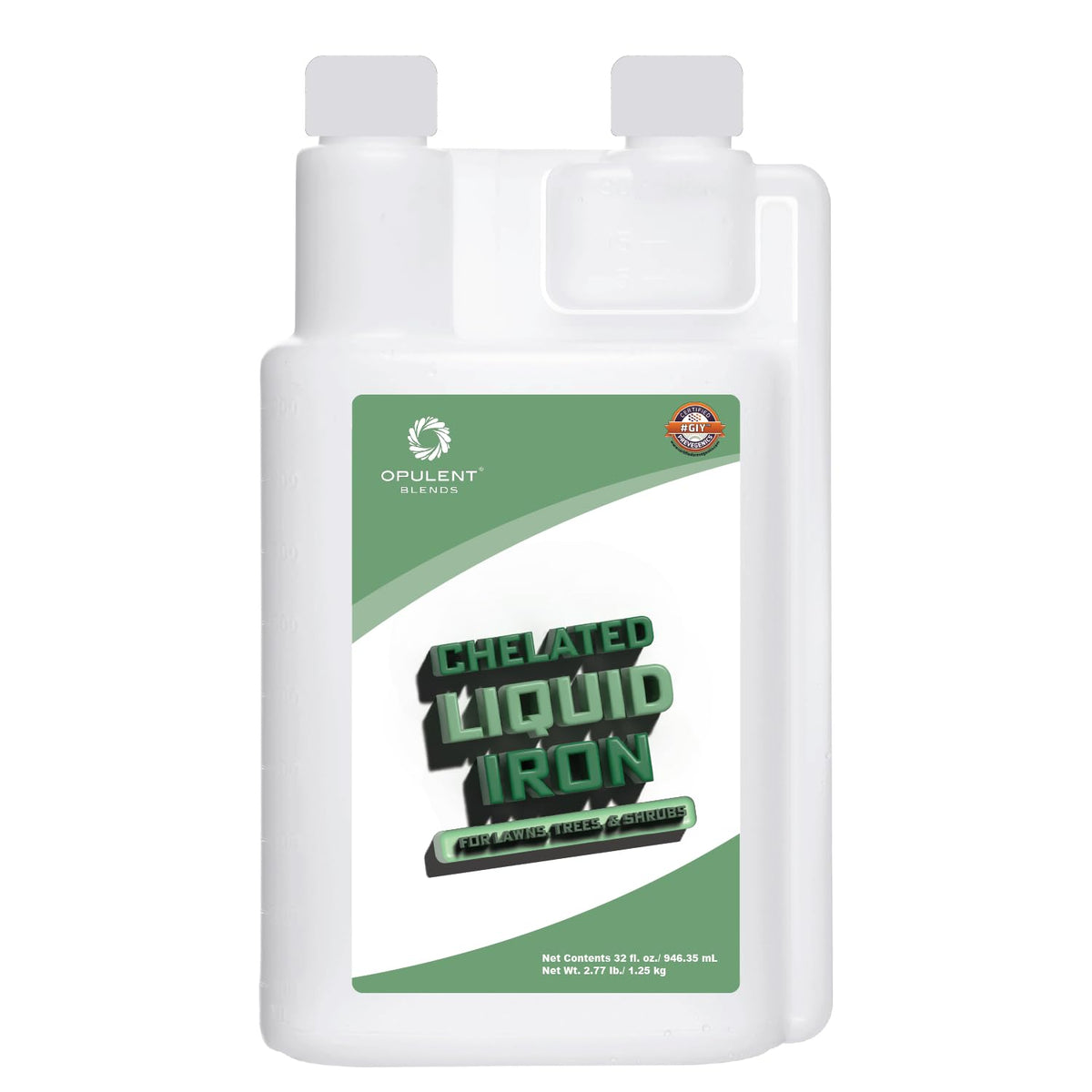 Opulent Blends Chelated Liquid Iron bottle for easy lawn care and greener grass