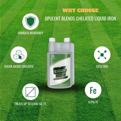 Opulent Blends chelated liquid iron applied to lawns for fast greening and long-lasting color
