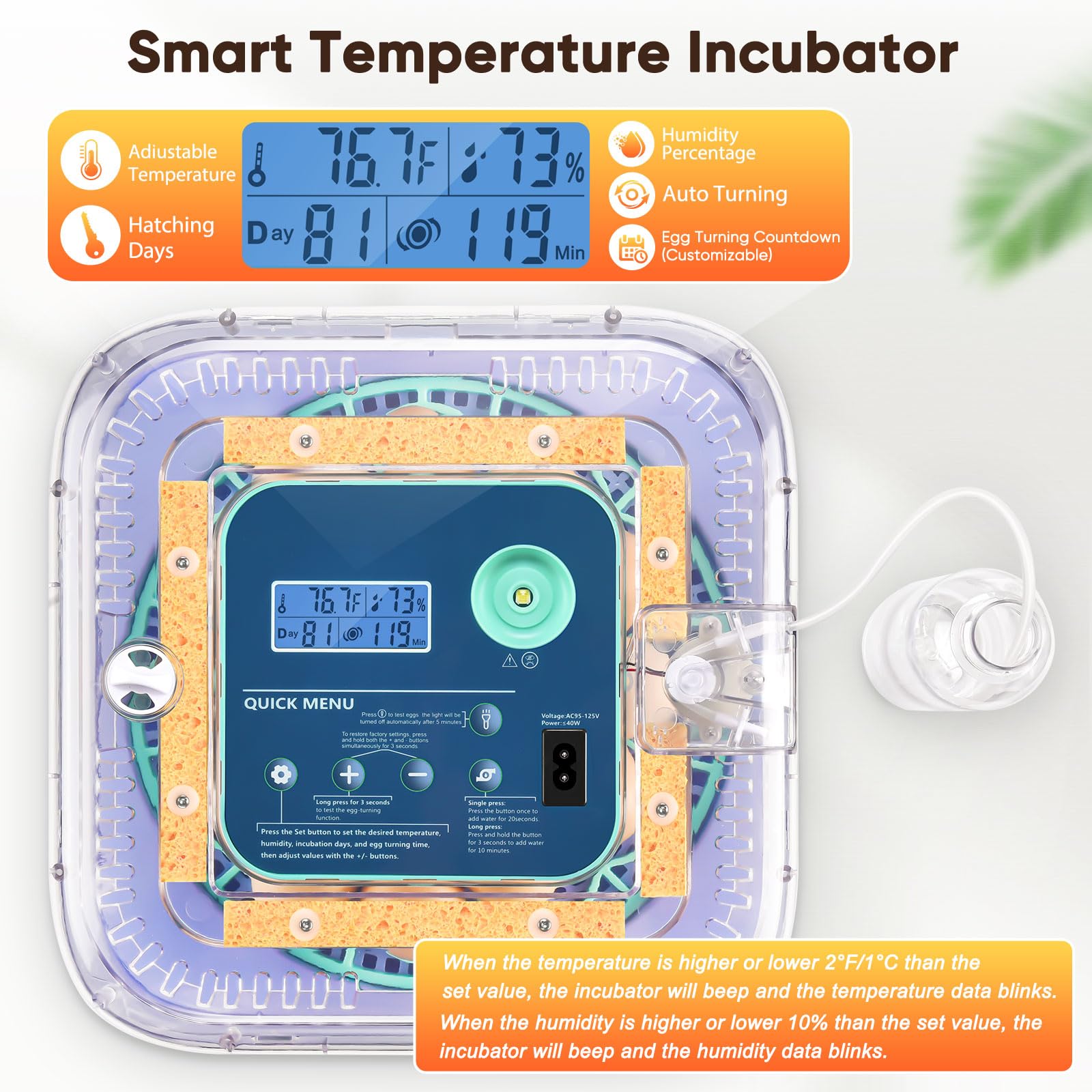 Oqioprd incubator humidity control ensures precise moisture for stable incubation.