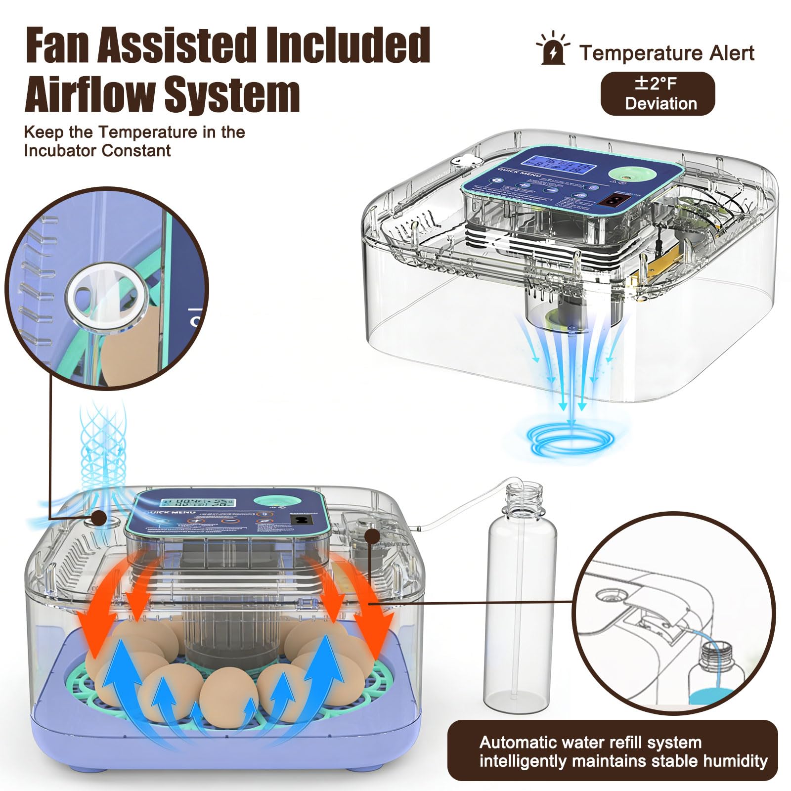 Oqioprd incubator temperature control provides accurate temperature management for hatch readiness.
