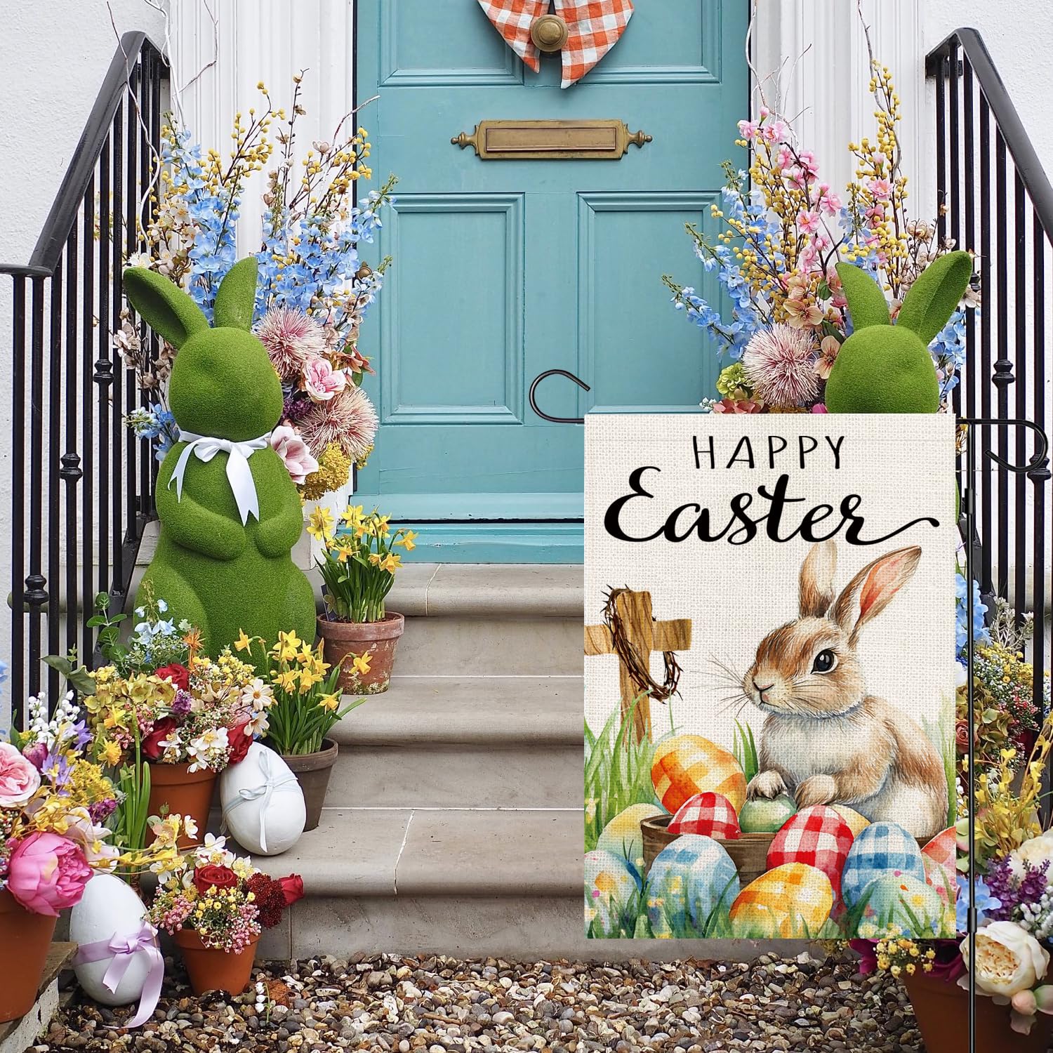 OQUAYA Easter eggs pattern flag highlights colorful eggs for festive yard display.