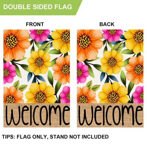 OQUAYA burlap garden flag close-up shows textured fabric and vivid colors