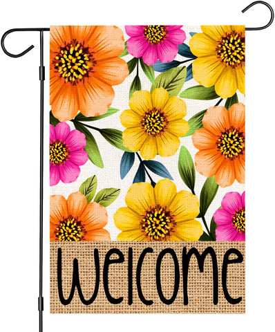 OQUAYA spring welcome garden flag 12x18 front view on burlap, outdoor use