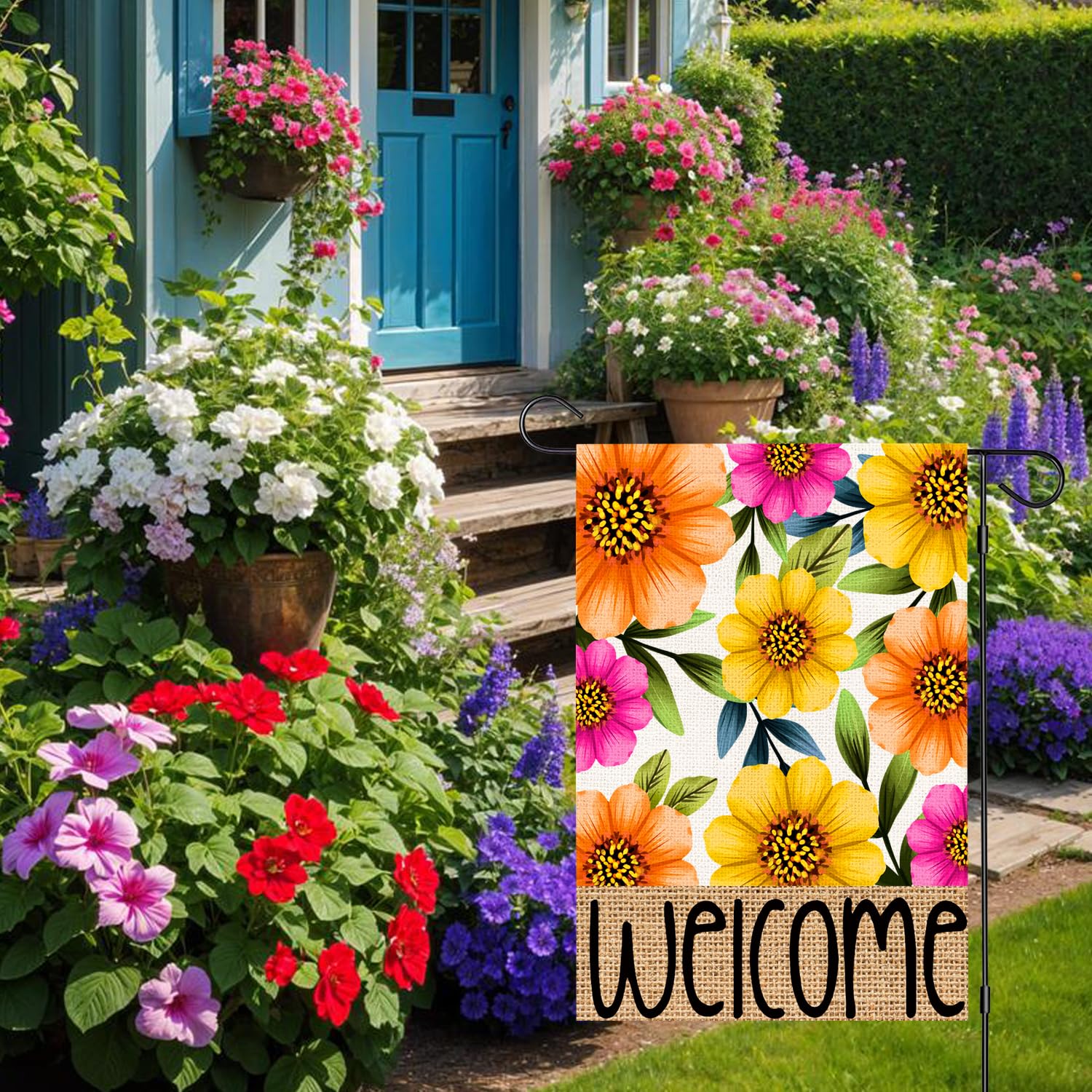 OQUAYA outdoor welcome flag on a stake adds curb appeal to patios and porches