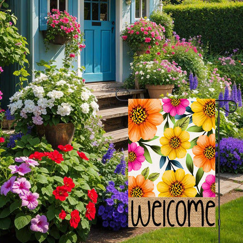 OQUAYA outdoor welcome flag on a stake adds curb appeal to patios and porches