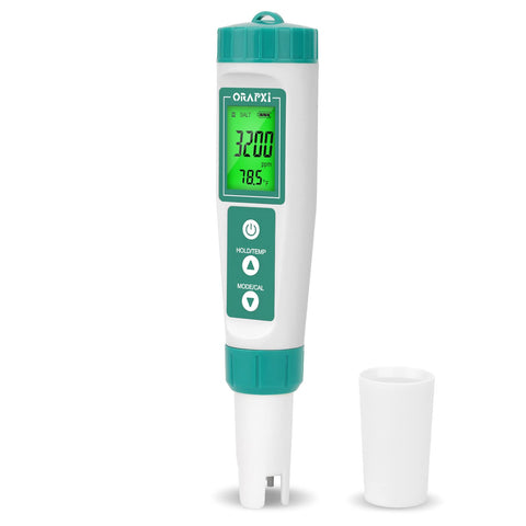 ORAPXI salt-water pool tester with LCD backlight provides clear readouts for easy pool care.