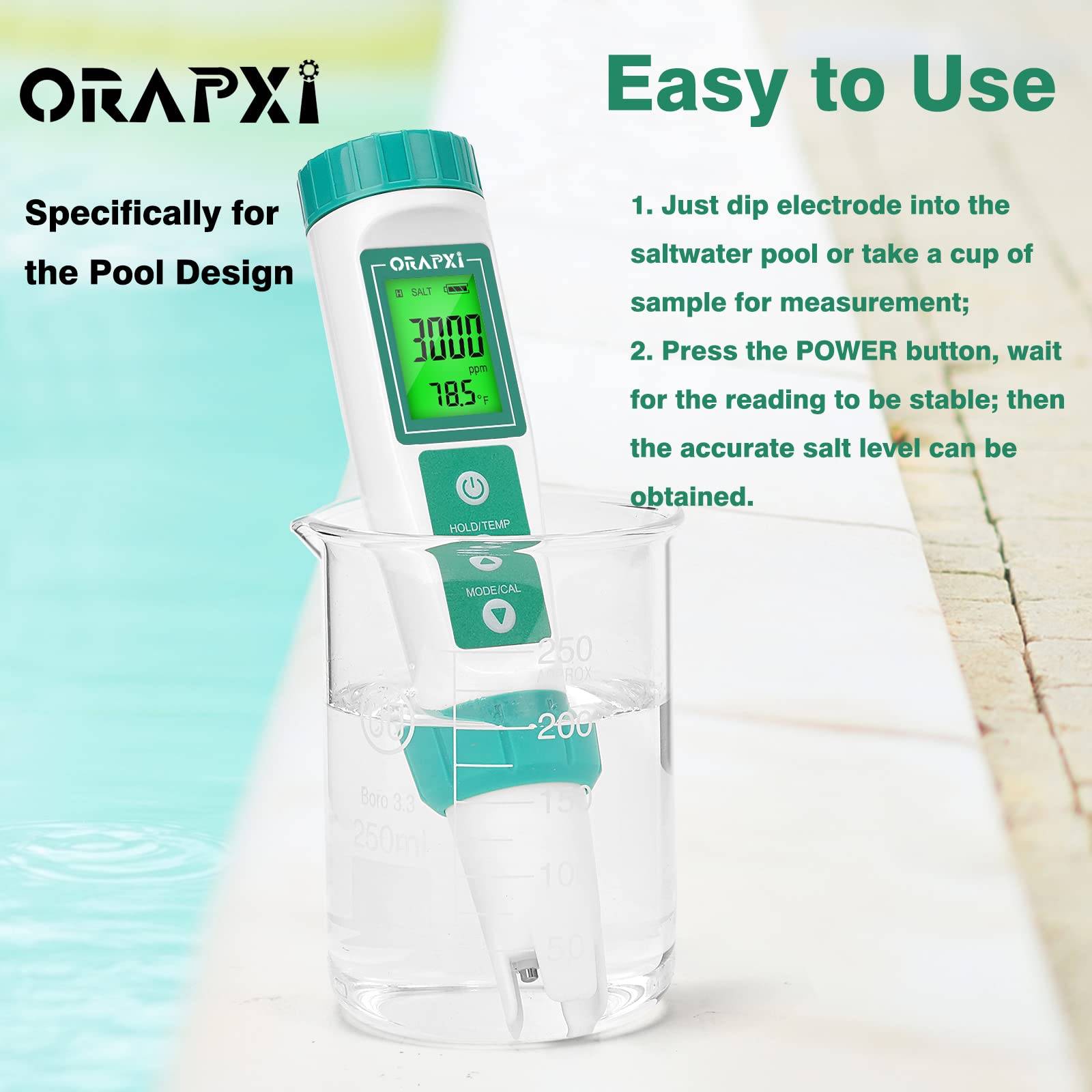 ORAPXI spa salt concentration tool helps maintain water balance.