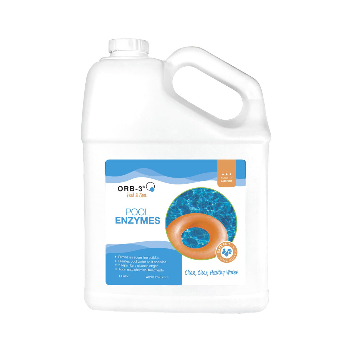 Orb-3 Pool Enzymes 1gal jug: easy dosing for weekly pool maintenance.