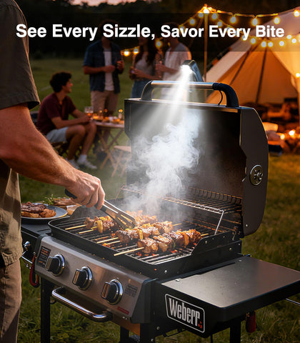 Orbecco dual-color lighting creates ambience for camping and cooking.