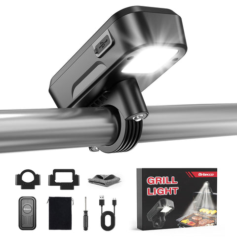 Orbecco grill light with magnetic attachment on grill handle improves nighttime cooking.