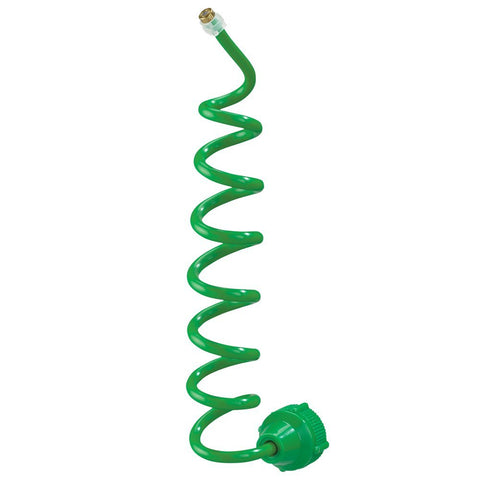 Orbit 10198 misting sidewinder attached to a purple stand cooling outdoor seating area