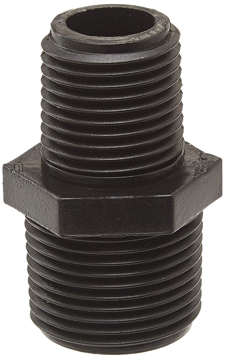 Orbit riser adapter connects 1/2 inch to 3/4 inch threads for in-ground irrigation.